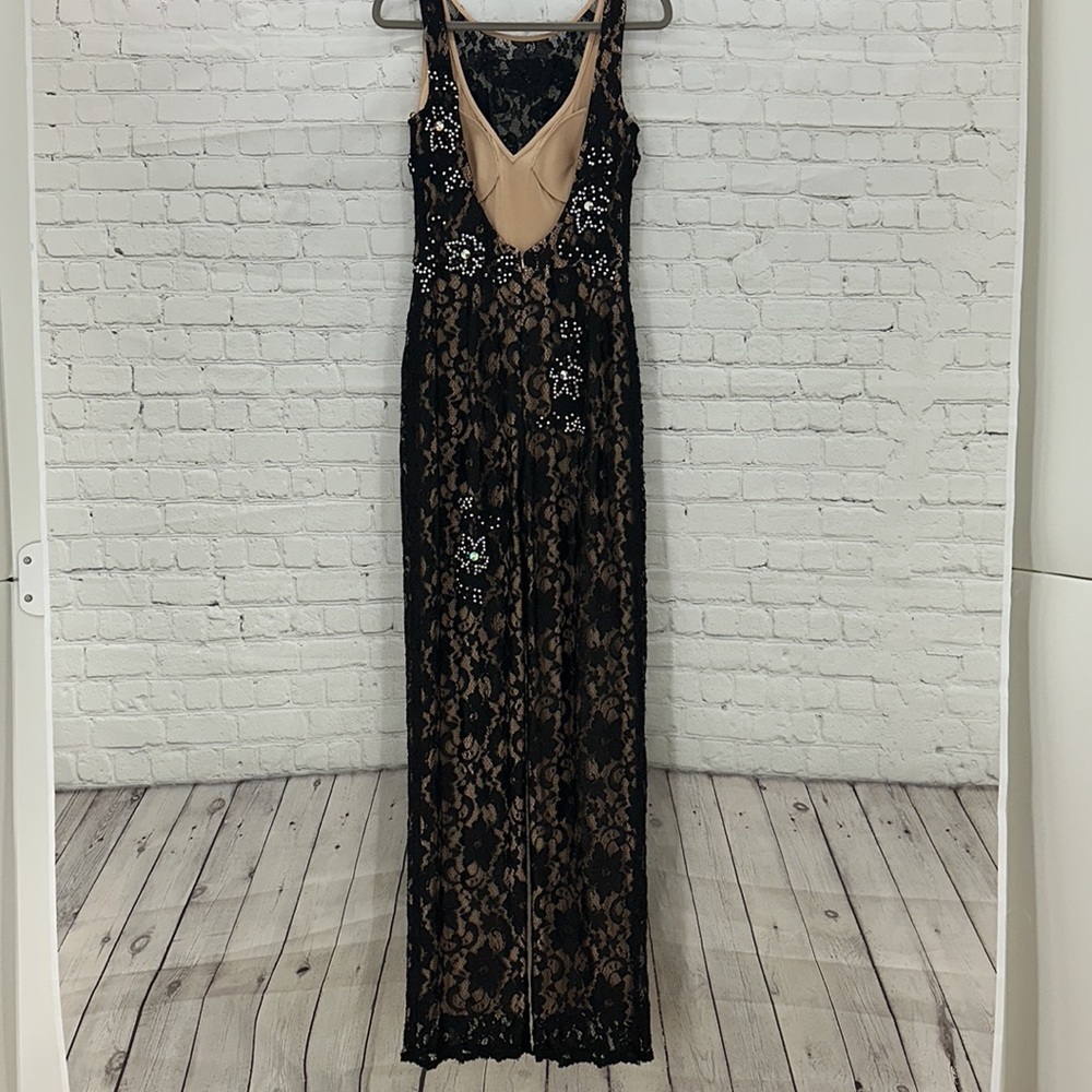 Jovani Black Lace Swarovski stoned Jumpsuit with nude underlay very soft stretch - Picture 6 of 8